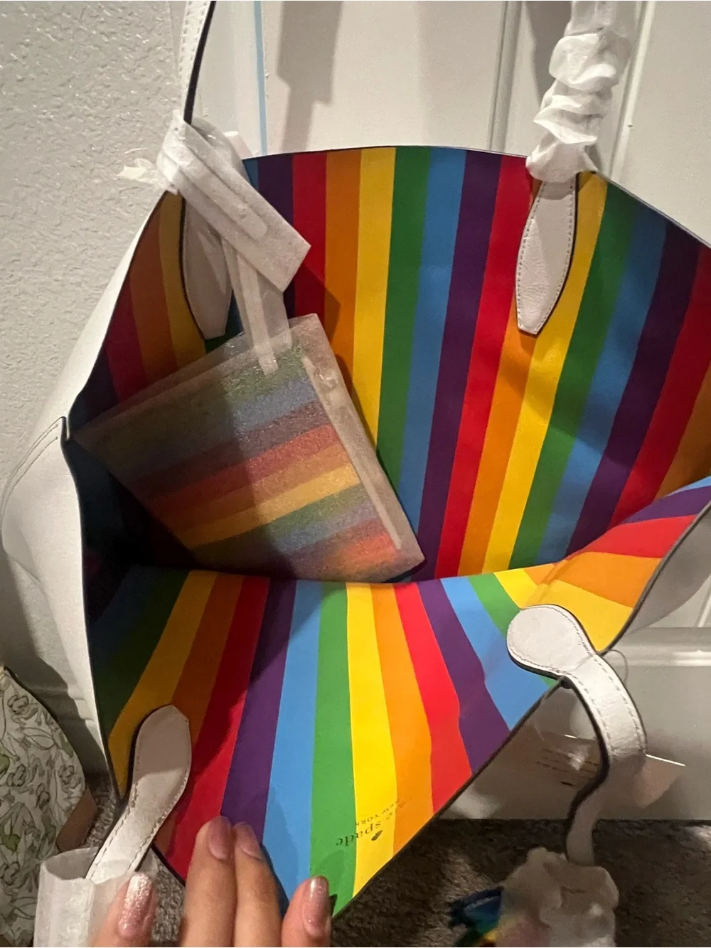 kate spade White Leather Tote with Rainbow Logo